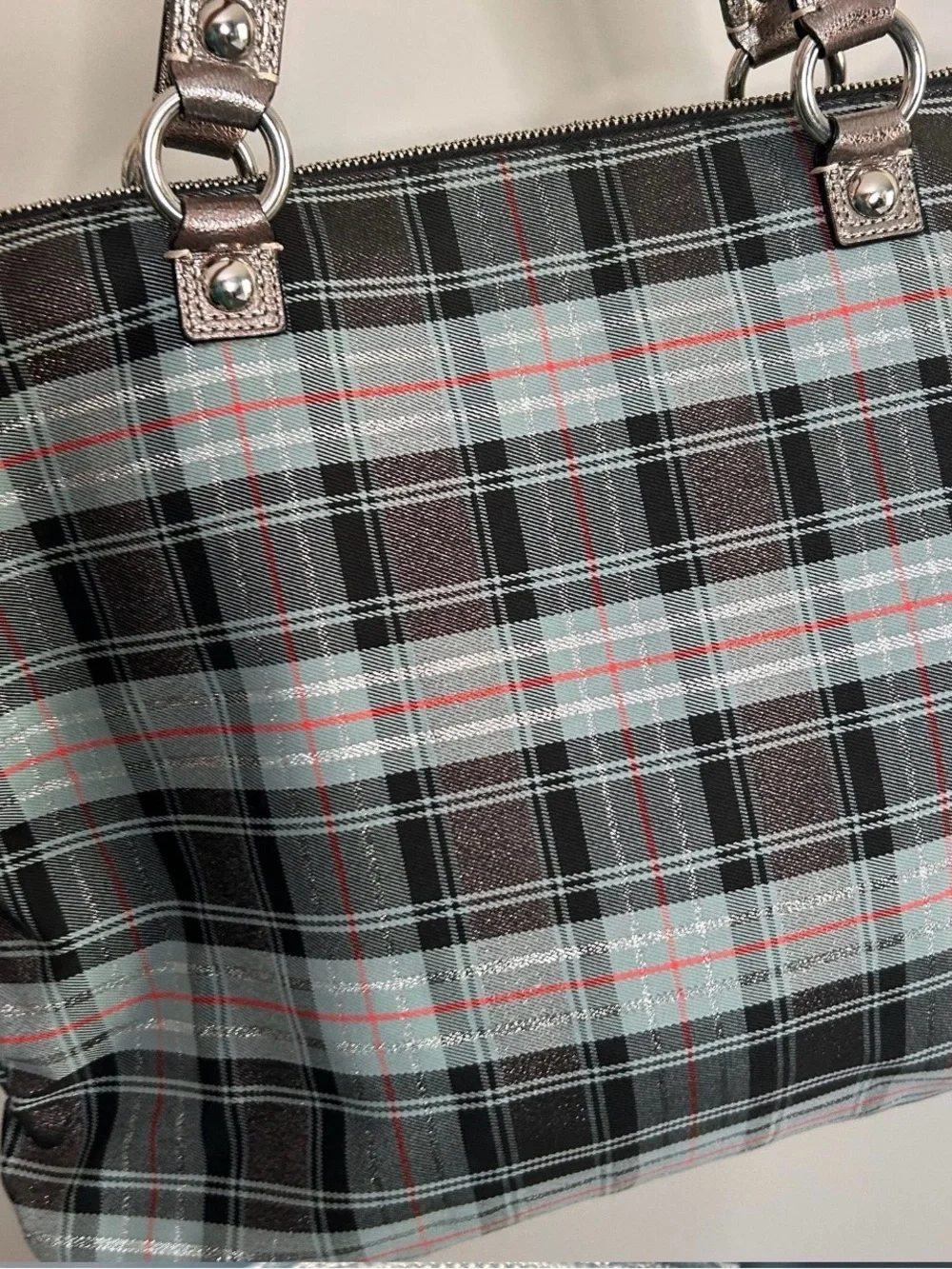Coach Black Plaid Shoulder Bag with Silver Accents and Red Hangtag
